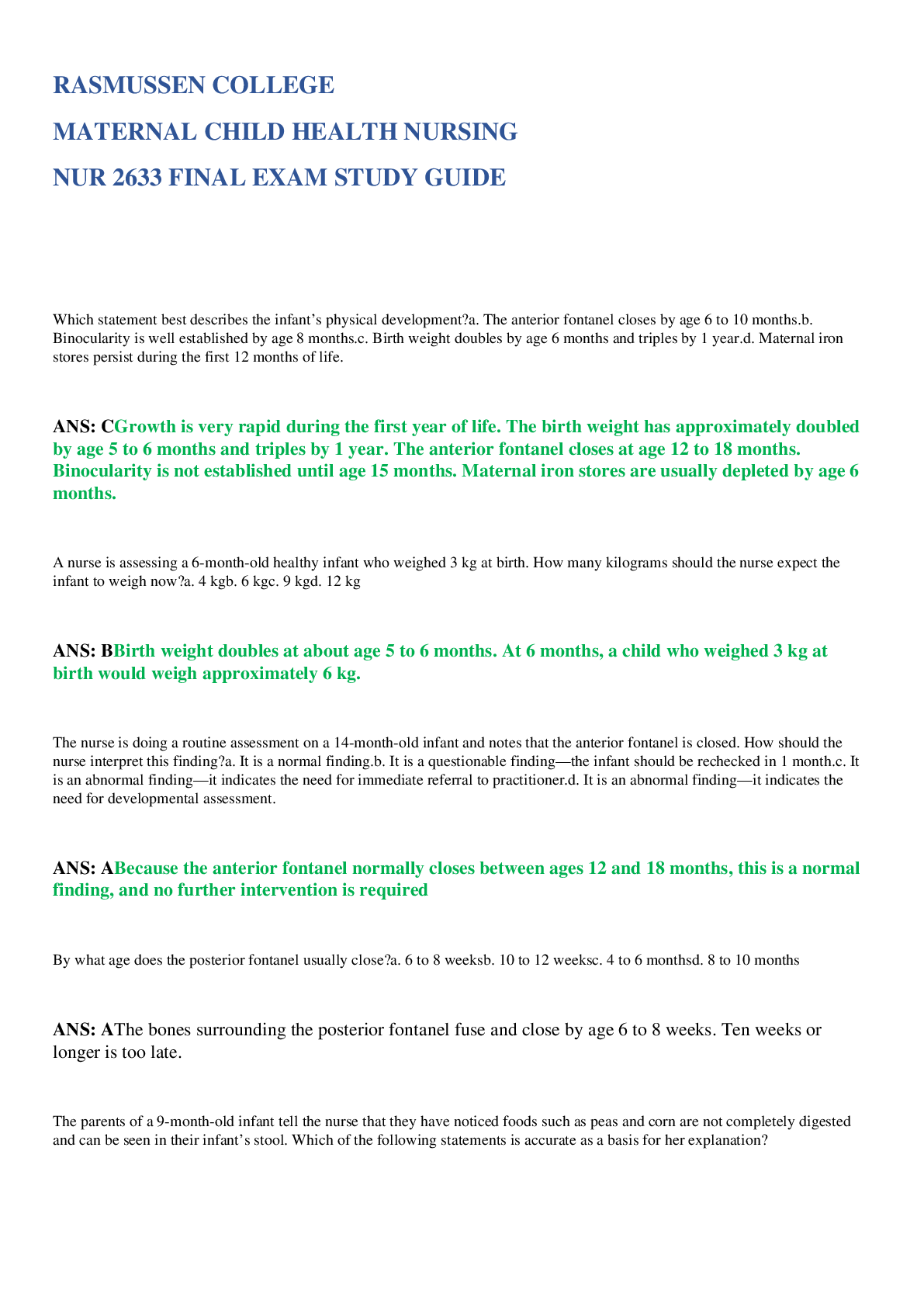 Preview image for RASMUSSEN COLLEGE MATERNAL CHILD HEALTH NURSING   NUR 2633 FINAL EXAM  STUDY GUIDE